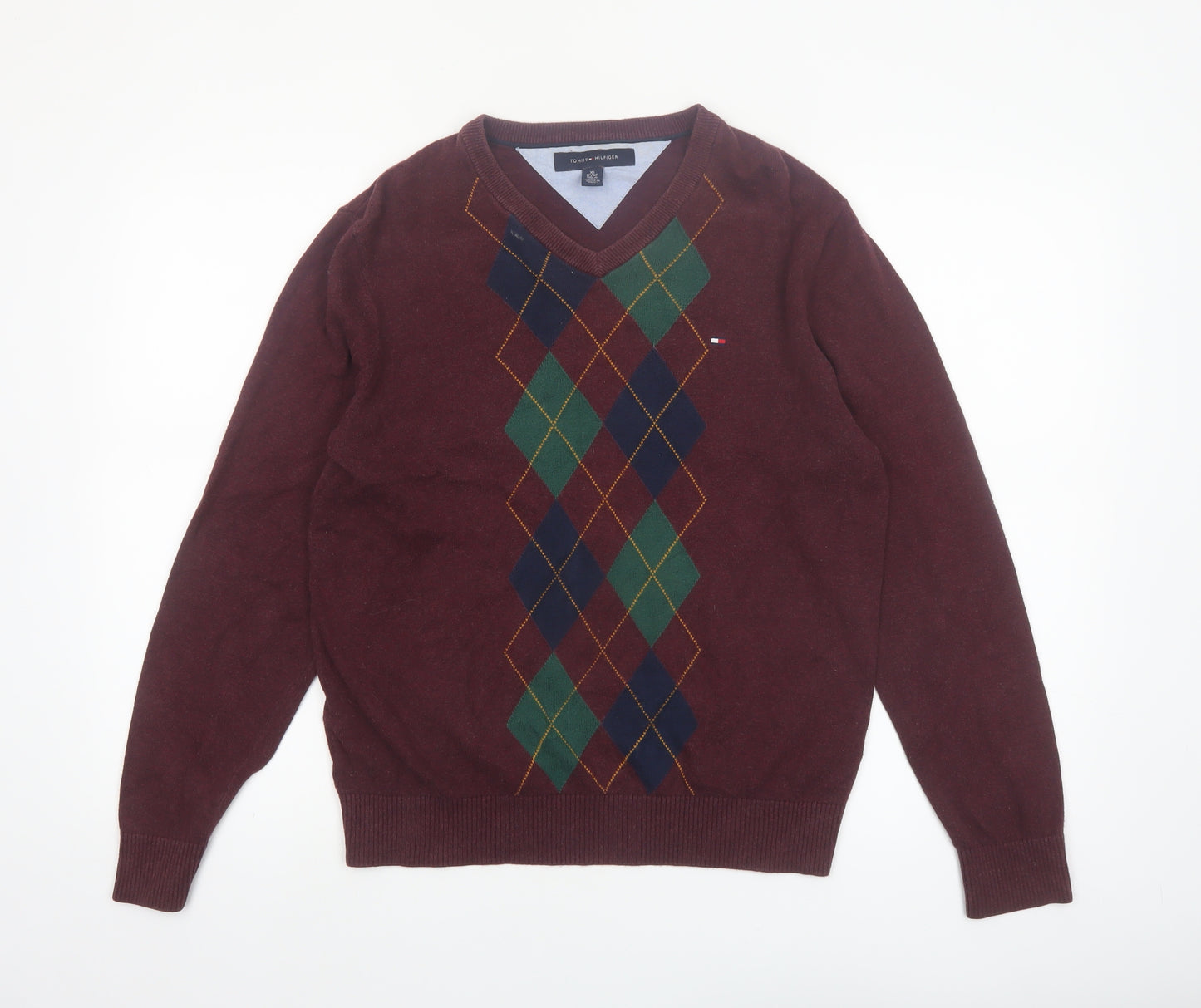 Tommy Hilfiger Men’s Red Argyle V-Neck Cotton Jumper XS