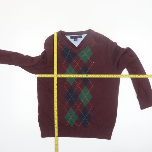 Tommy Hilfiger Men’s Red Argyle V-Neck Cotton Jumper XS