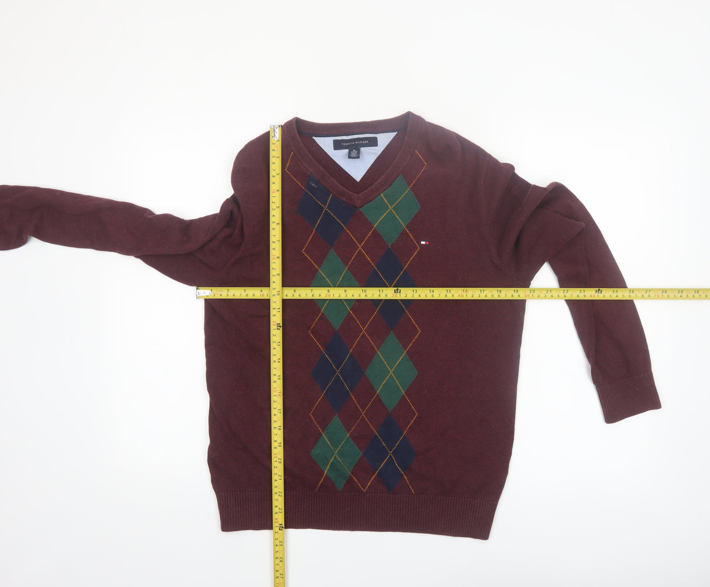 Tommy Hilfiger Men’s Red Argyle V-Neck Cotton Jumper XS