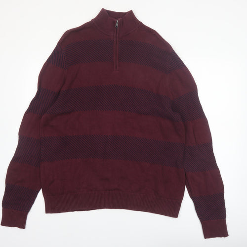 Chaps Men's Red Striped Cotton Half Zip Jumper Size L