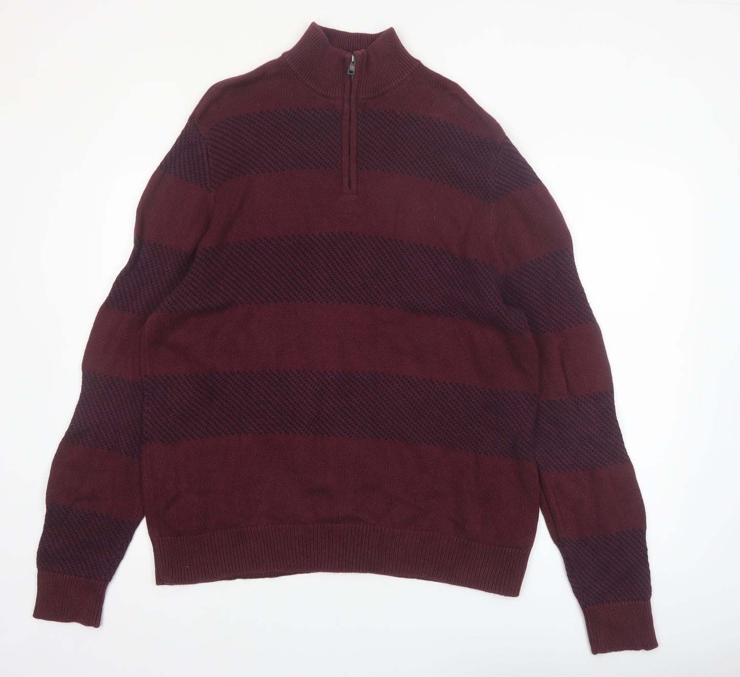 Chaps Men's Red Striped Cotton Half Zip Jumper Size L