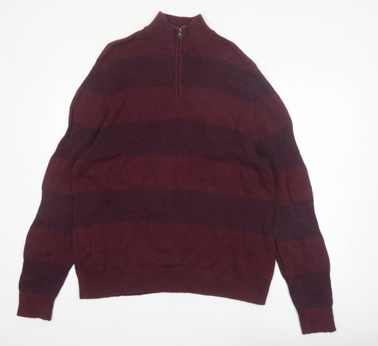 Chaps Men's Red Striped Cotton Half Zip Jumper Size L