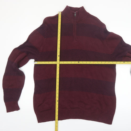 Chaps Men's Red Striped Cotton Half Zip Jumper Size L