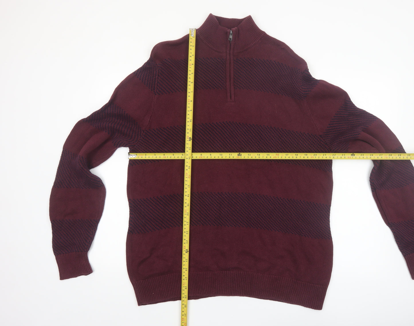 Chaps Men's Red Striped Cotton Half Zip Jumper Size L