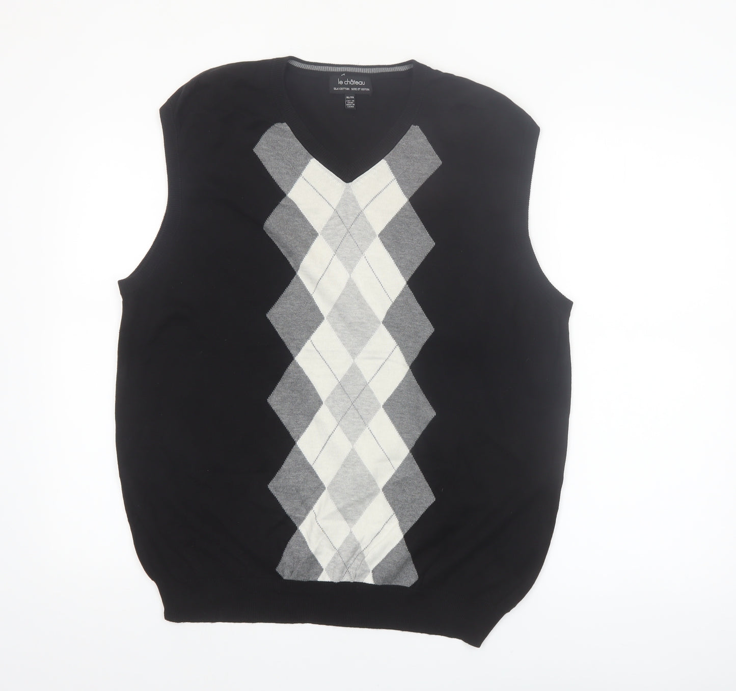 Le Château Men's Black Argyle Sleeveless Vest Jumper XL Silk Cotton