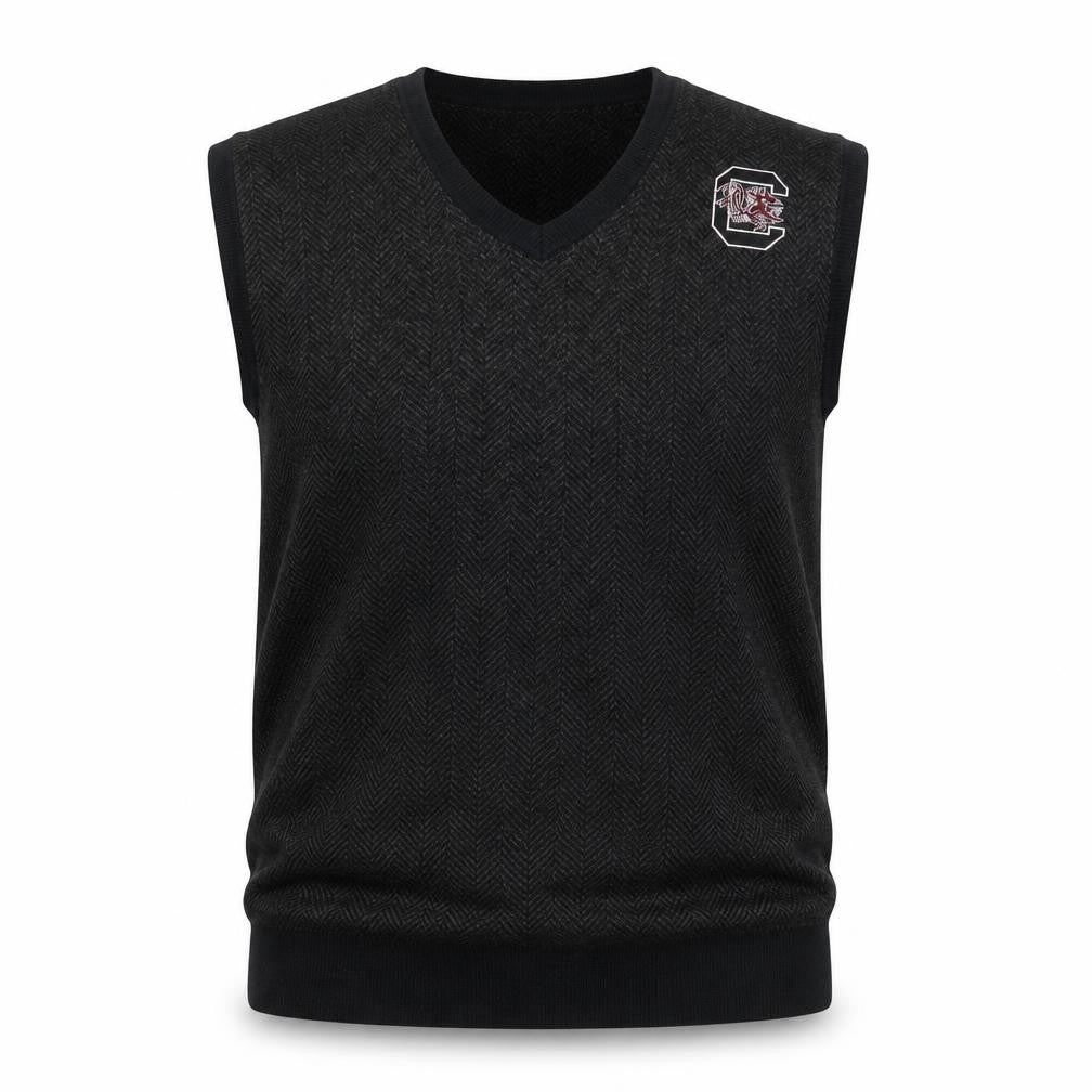 Front view of Croft & Barrow Men's Black Herringbone V-Neck Knit Vest, size L