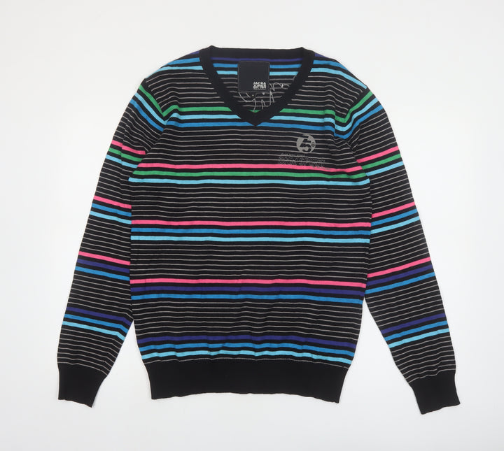 Jack & Jones Mens Multicoloured Stripe V-Neck Cotton Jumper M