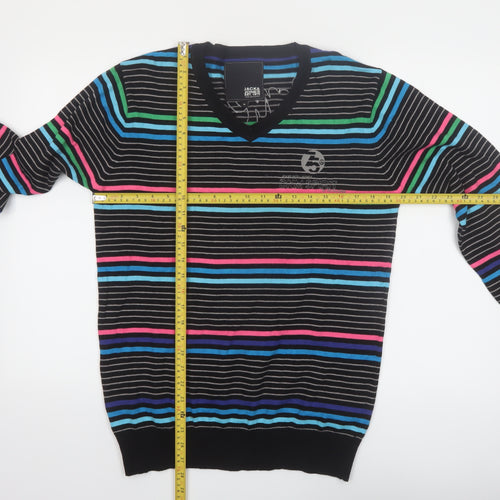 Jack & Jones Mens Multicoloured Stripe V-Neck Cotton Jumper M