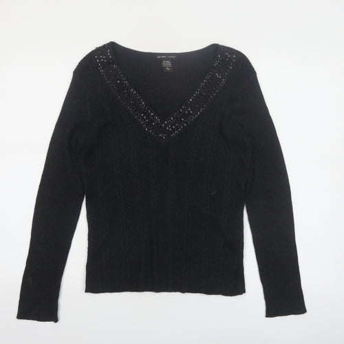 New York & Company Women’s Black Beaded V-Neck Knit Jumper Size L