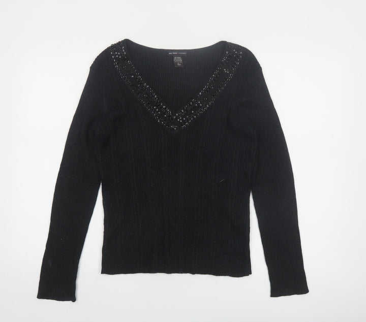 New York & Company Women’s Black Beaded V-Neck Knit Jumper Size L