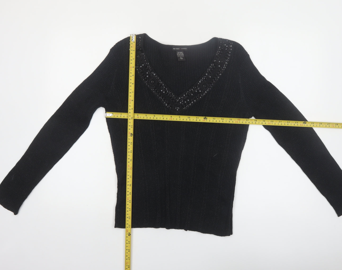 New York & Company Women’s Black Beaded V-Neck Knit Jumper Size L