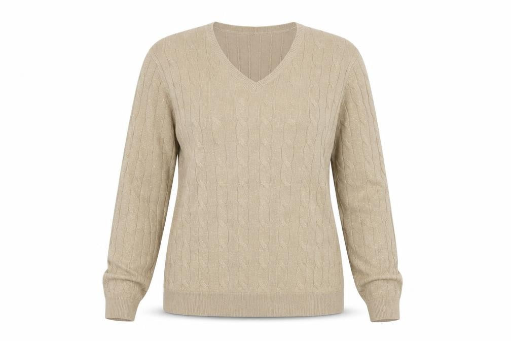 Front view of Croft & Barrow Women's Beige Cable Knit V-Neck jumper L