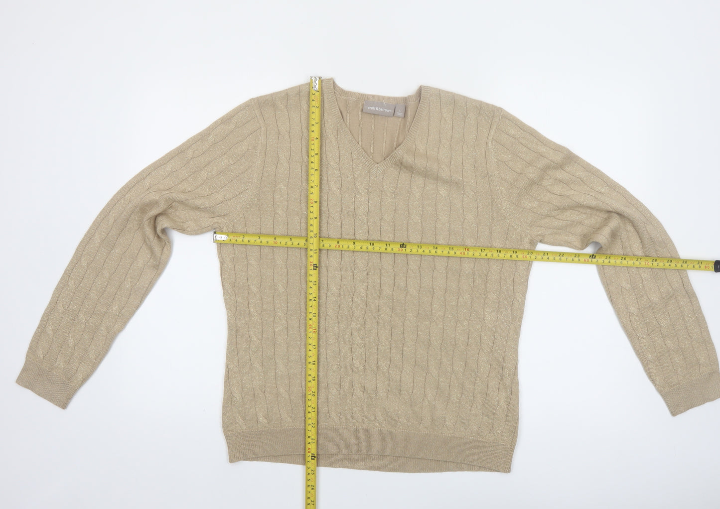 Croft & Barrow Women's Beige Cable Knit V-Neck Pullover Jumper L