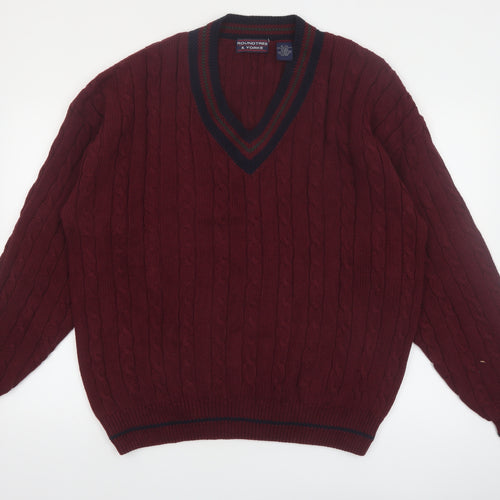 Roundtree & Yorke Men's Red Cable-Knit V-Neck Cotton Jumper XL