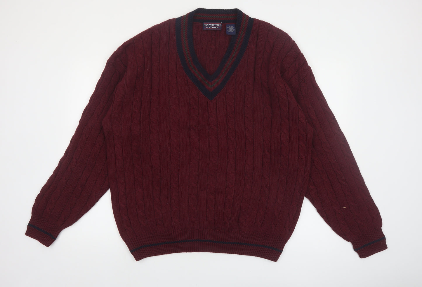 Roundtree & Yorke Men's Red Cable-Knit V-Neck Cotton Jumper XL