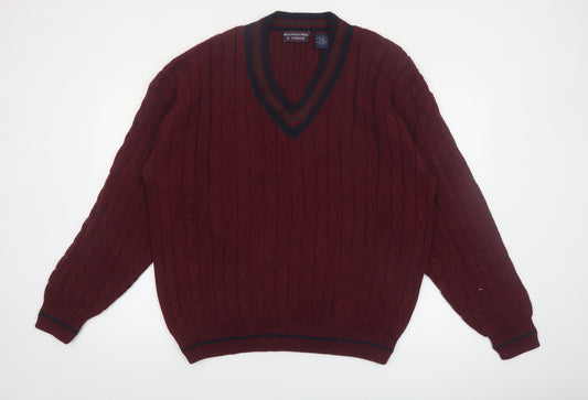Roundtree & Yorke Men's Red Cable-Knit V-Neck Cotton Jumper XL