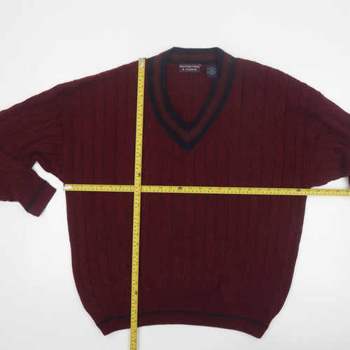 Roundtree & Yorke Men's Red Cable-Knit V-Neck Cotton Jumper XL
