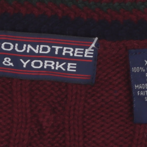 Roundtree & Yorke Men's Red Cable-Knit V-Neck Cotton Jumper XL