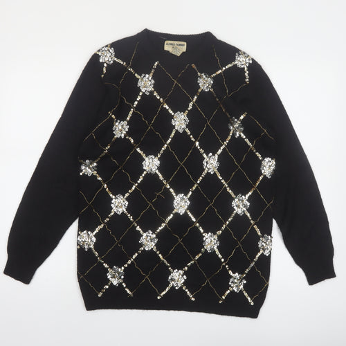 Alfred Dunner Women Black Petite M Sequin Argyle Pullover Jumper