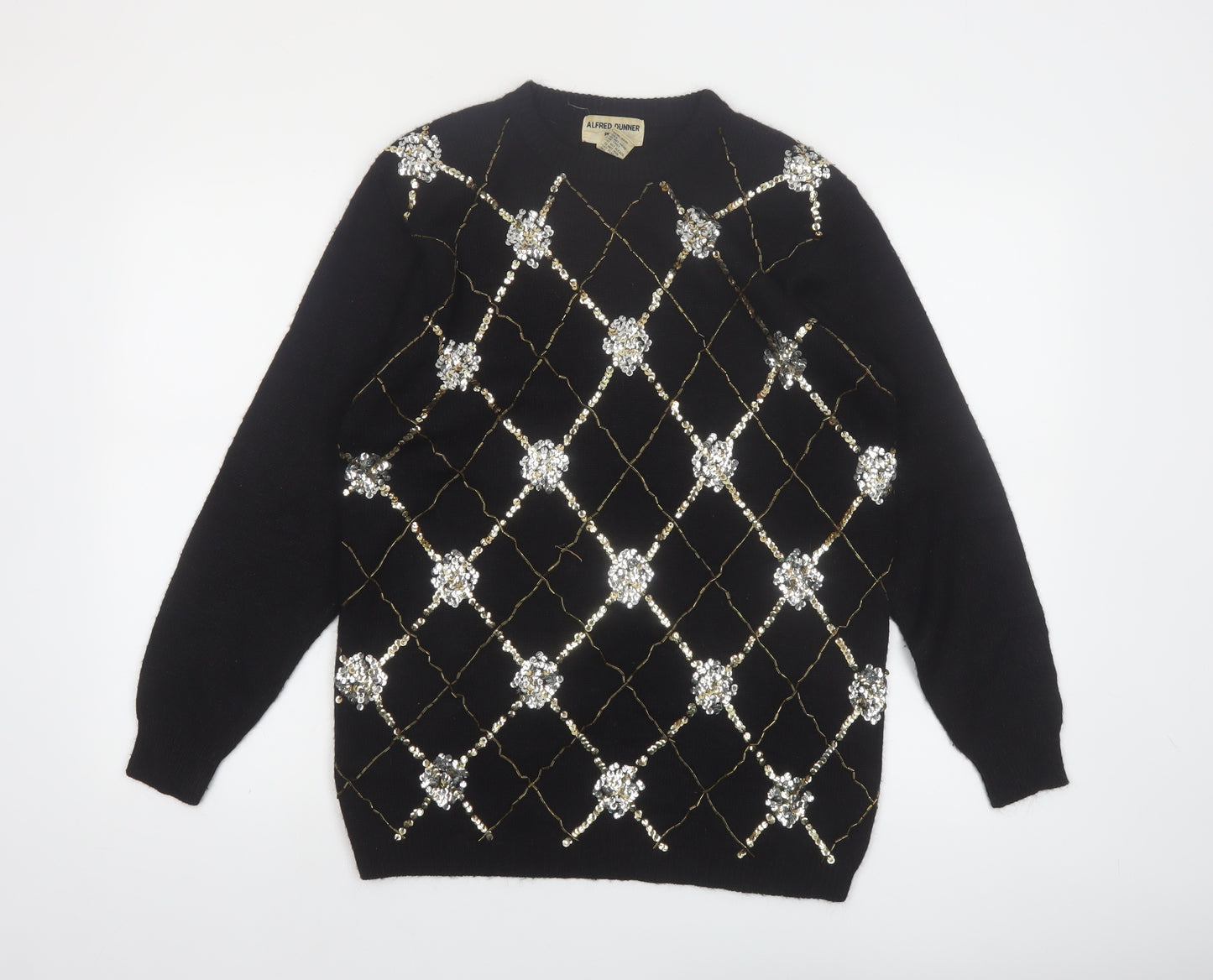 Alfred Dunner Women Black Petite M Sequin Argyle Pullover Jumper