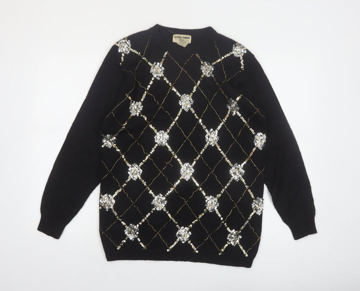 Alfred Dunner Women Black Petite M Sequin Argyle Pullover Jumper