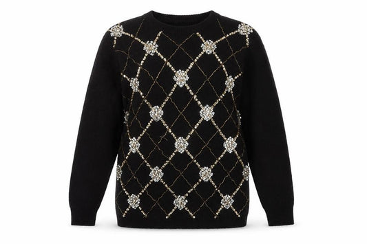 Front view of Alfred Dunner Women Black Petite M Sequin Argyle jumper