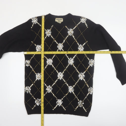 Alfred Dunner Women Black Petite M Sequin Argyle Pullover Jumper