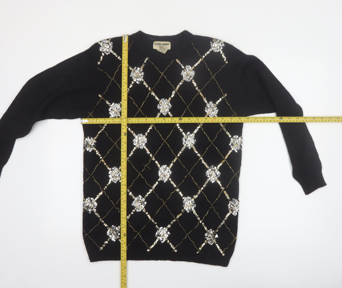 Alfred Dunner Women Black Petite M Sequin Argyle Pullover Jumper