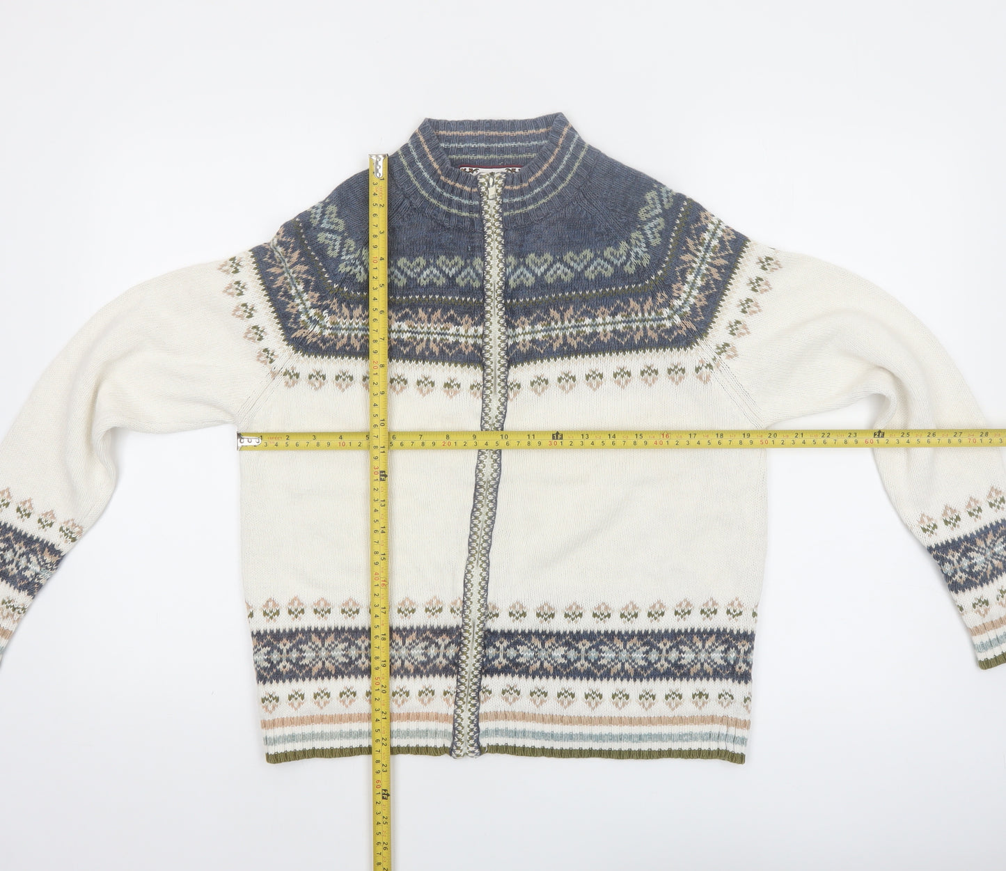 Tiara International Women's White Blue Fair Isle Cardigan Small