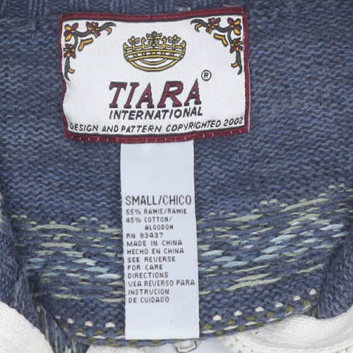 Tiara International Women's White Blue Fair Isle Cardigan Small