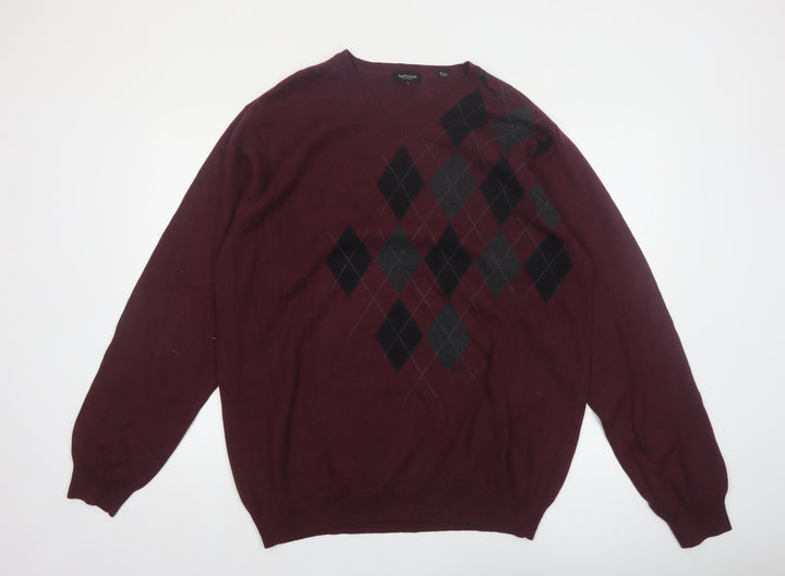 Van Heusen Men Red Argyle V-Neck Cotton Jumper XL