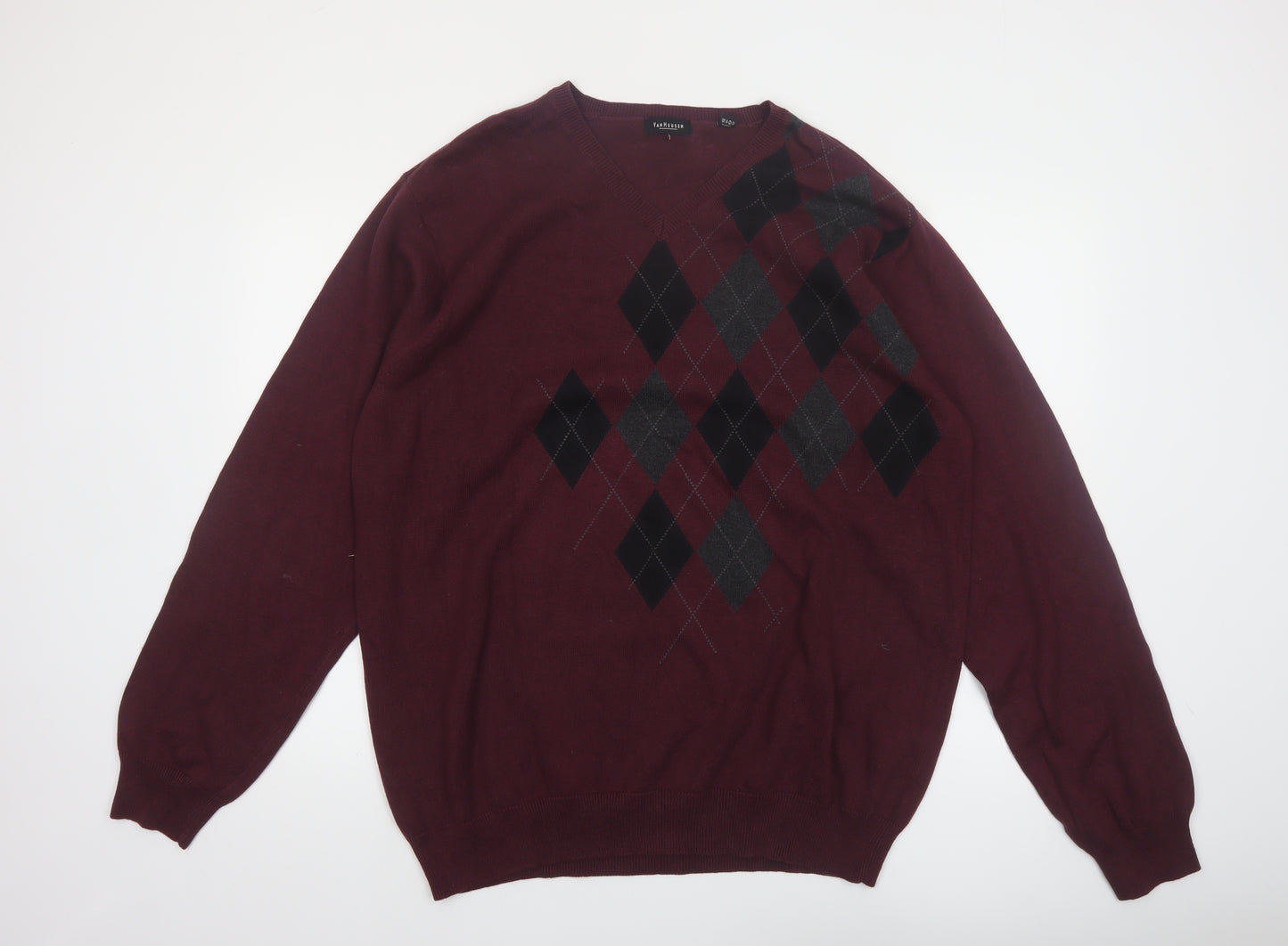 Van Heusen Men Red Argyle V-Neck Cotton Jumper XL