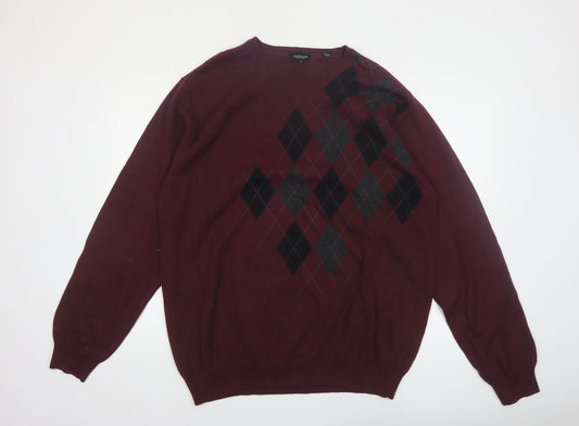 Van Heusen Men Red Argyle V-Neck Cotton Jumper XL