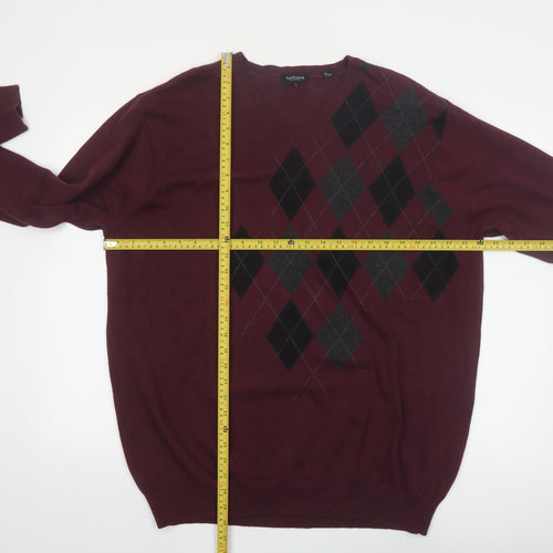 Van Heusen Men Red Argyle V-Neck Cotton Jumper XL