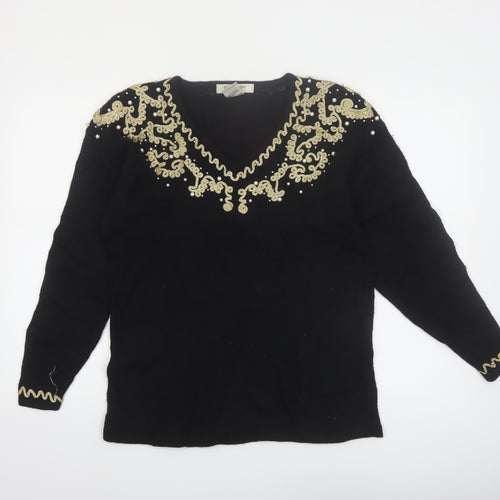 Evan-Picone Women's Black Petite M Wool Angora Beaded V-Neck Jumper