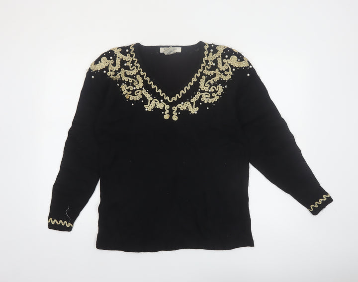 Evan-Picone Women's Black Petite M Wool Angora Beaded V-Neck Jumper