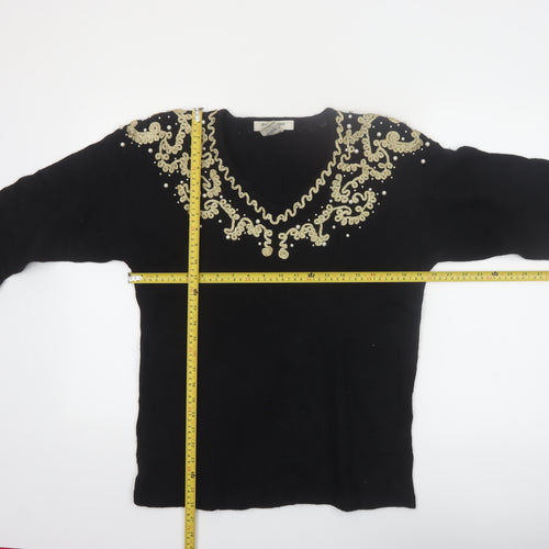Evan-Picone Women's Black Petite M Wool Angora Beaded V-Neck Jumper