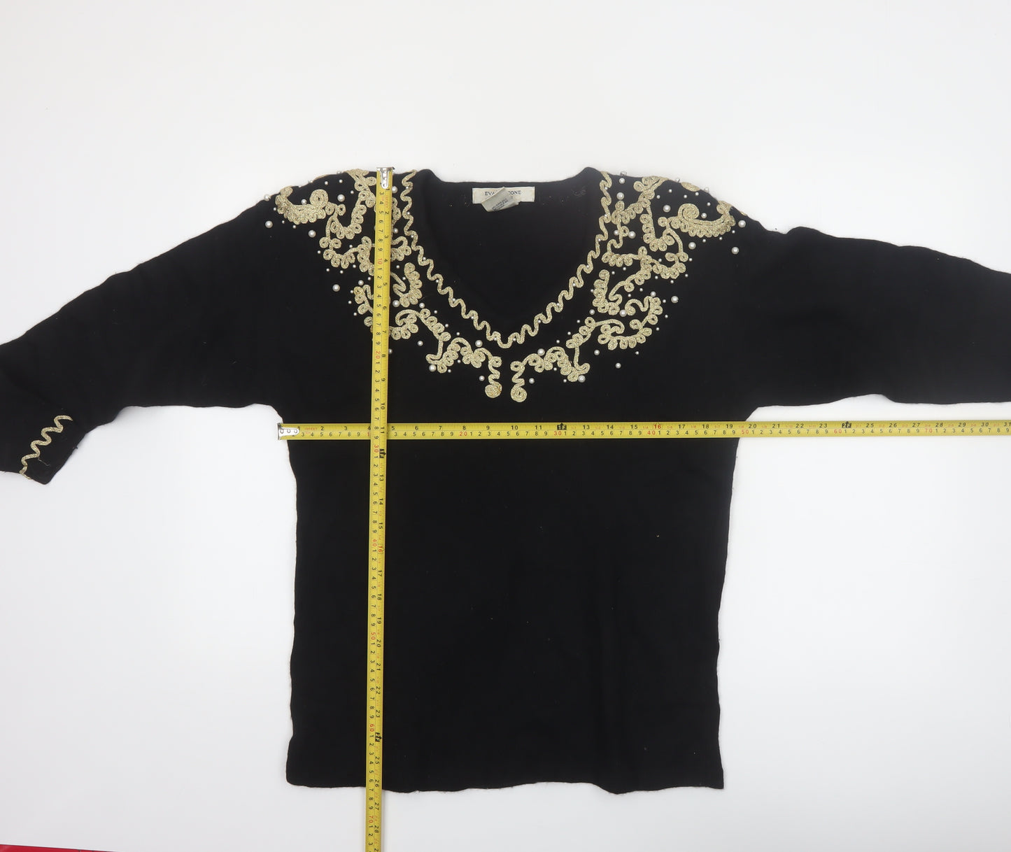 Evan-Picone Women's Black Petite M Wool Angora Beaded V-Neck Jumper