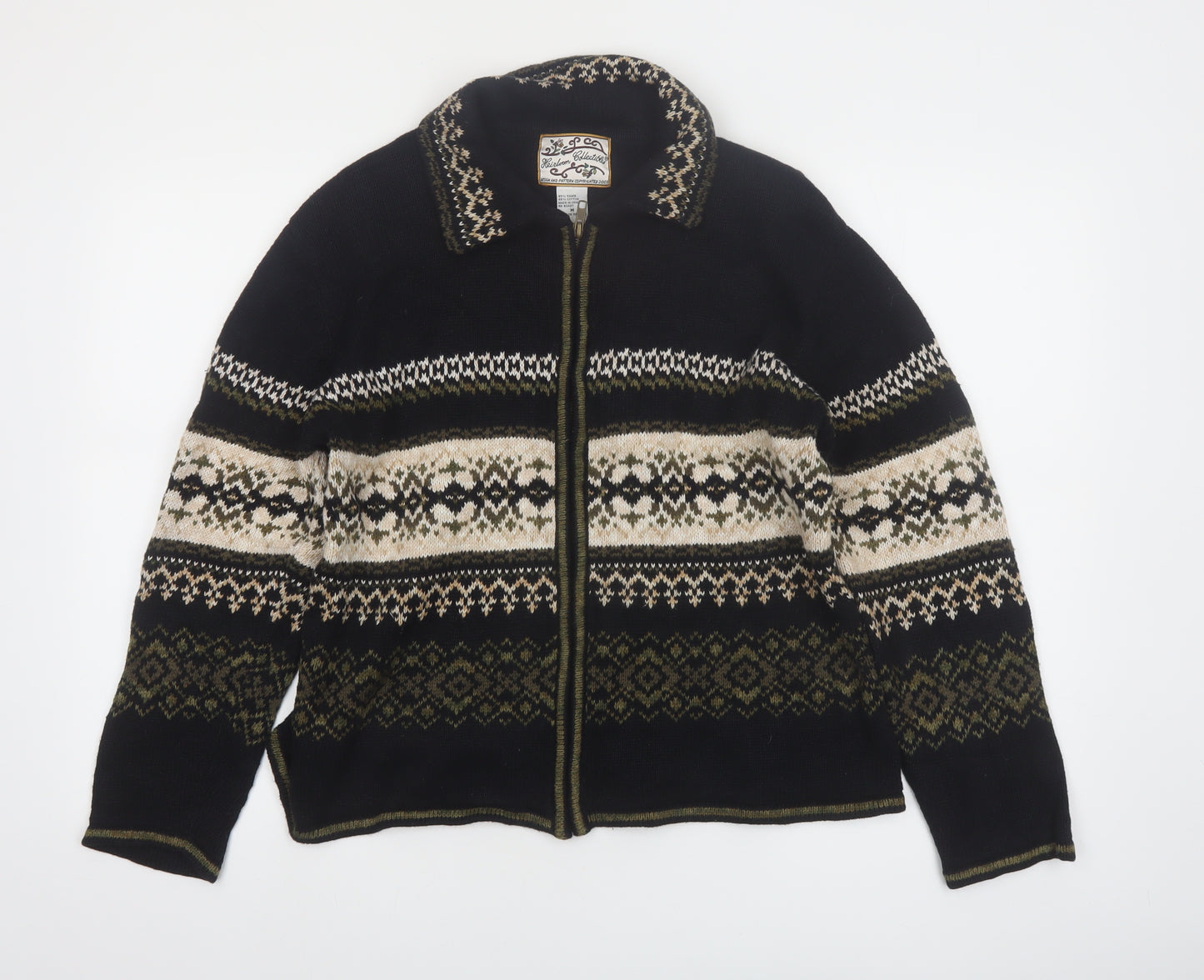 Heirloom Collectibles Women's Black Fair Isle Full Zip Cardigan M
