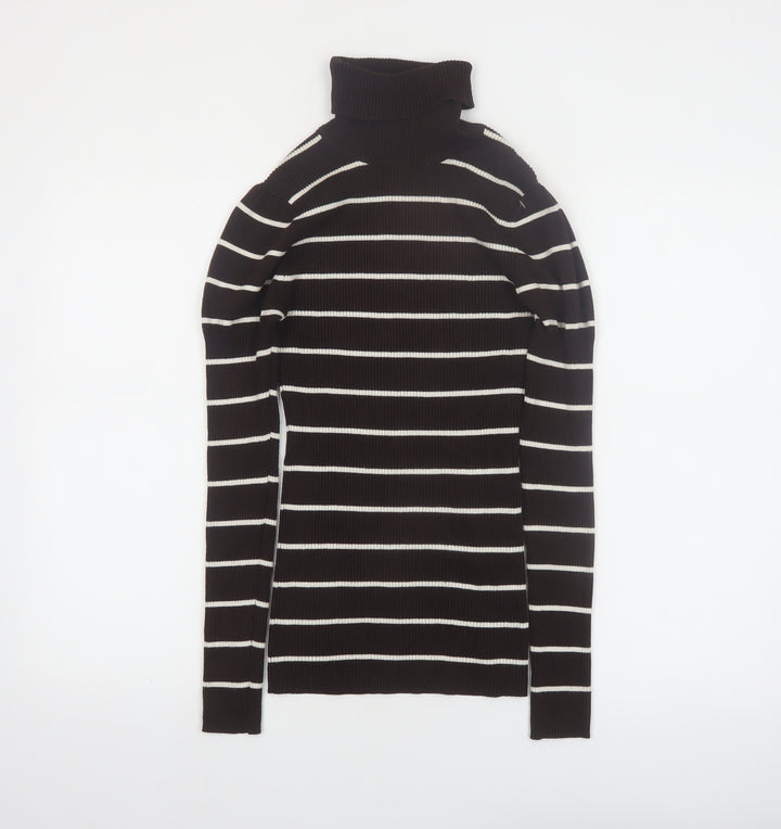 It's Our Time Women's Black Striped Roll Neck Slim Fit Jumper L
