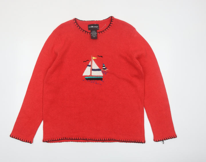 Sag Harbor Women Red Nautical Embroidered Pullover Jumper Size M