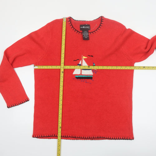 Sag Harbor Women Red Nautical Embroidered Pullover Jumper Size M