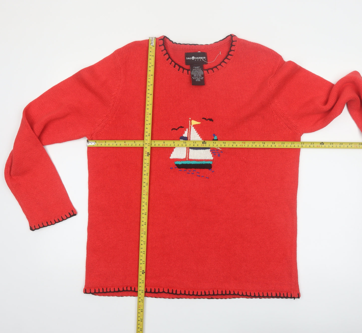 Sag Harbor Women Red Nautical Embroidered Pullover Jumper Size M