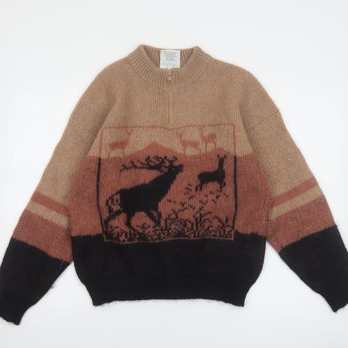 Snowy Peak Women Brown Mohair Chunky Knit Animal Jumper L