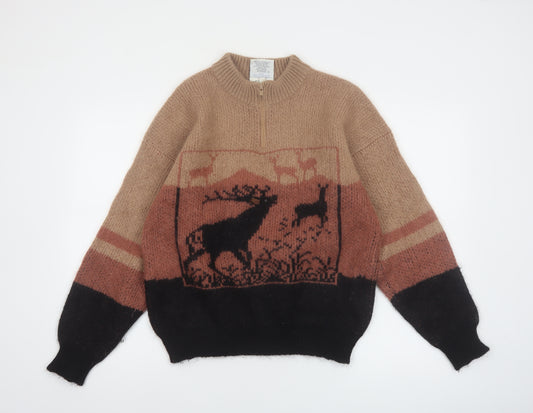Snowy Peak Women Brown Mohair Chunky Knit Animal Jumper L