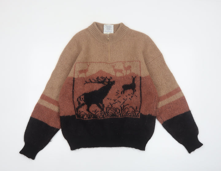 Snowy Peak Women Brown Mohair Chunky Knit Animal Jumper L