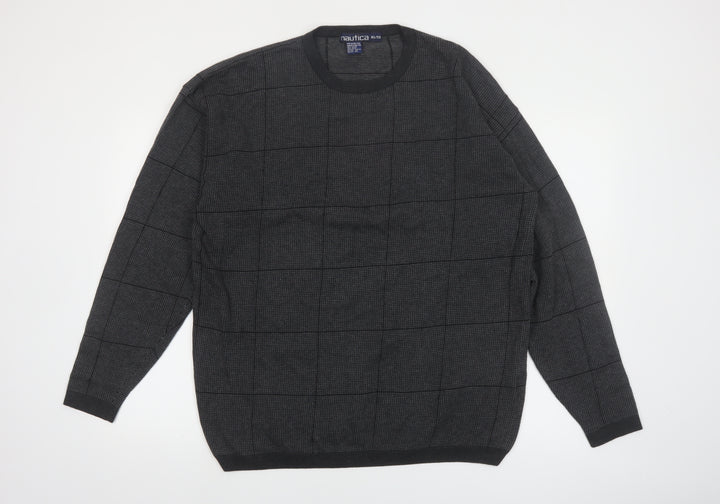 Nautica Mens Grey Check Cotton Crew Neck Jumper XL