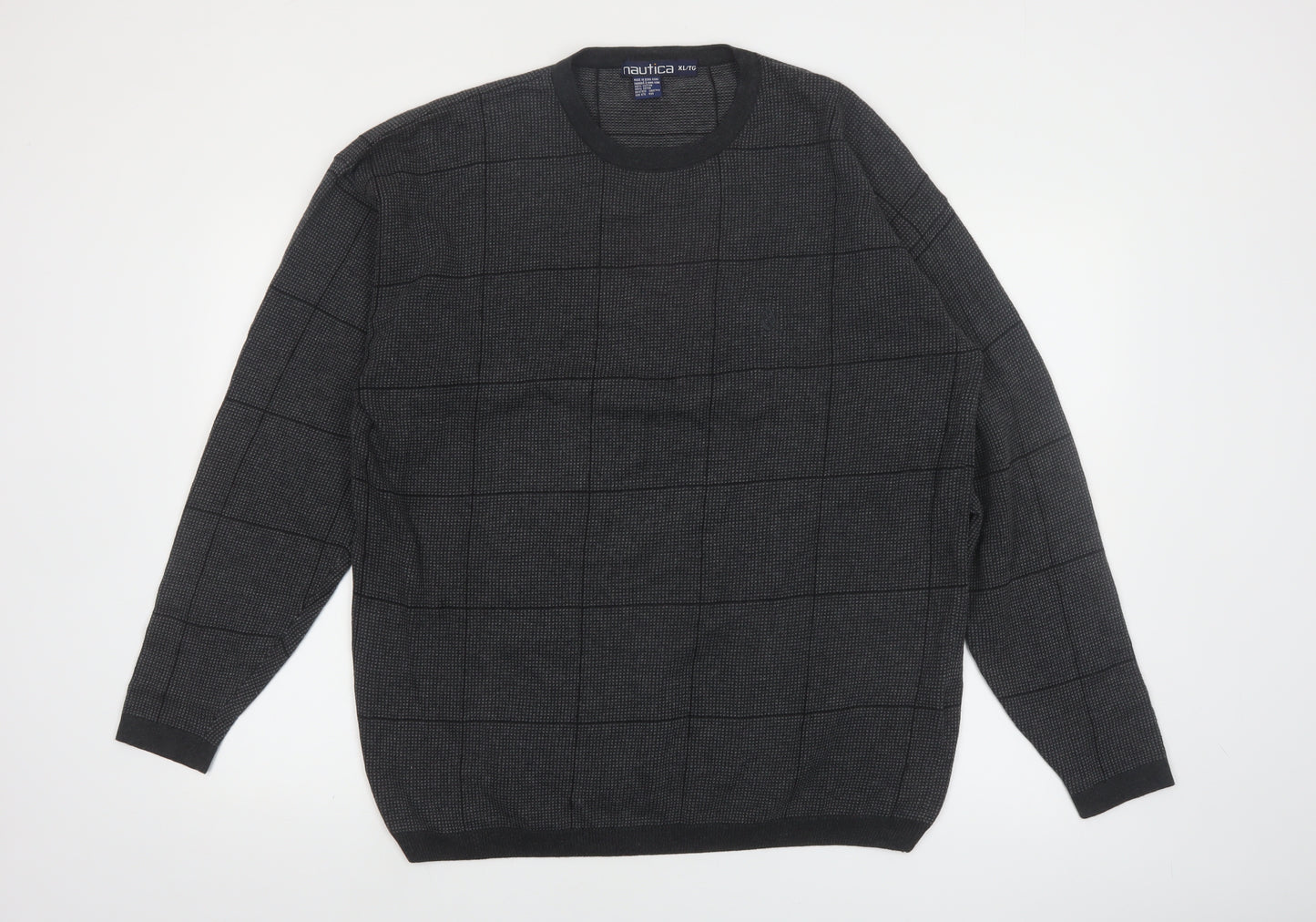 Nautica Mens Grey Check Cotton Crew Neck Jumper XL