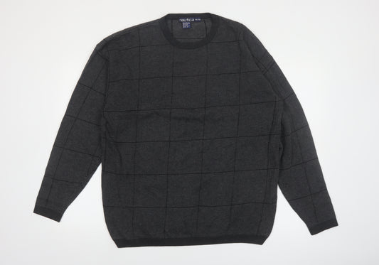 Nautica Mens Grey Check Cotton Crew Neck Jumper XL