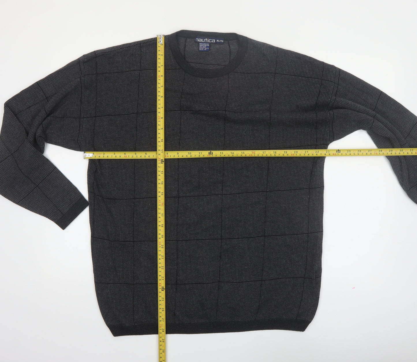 Nautica Mens Grey Check Cotton Crew Neck Jumper XL
